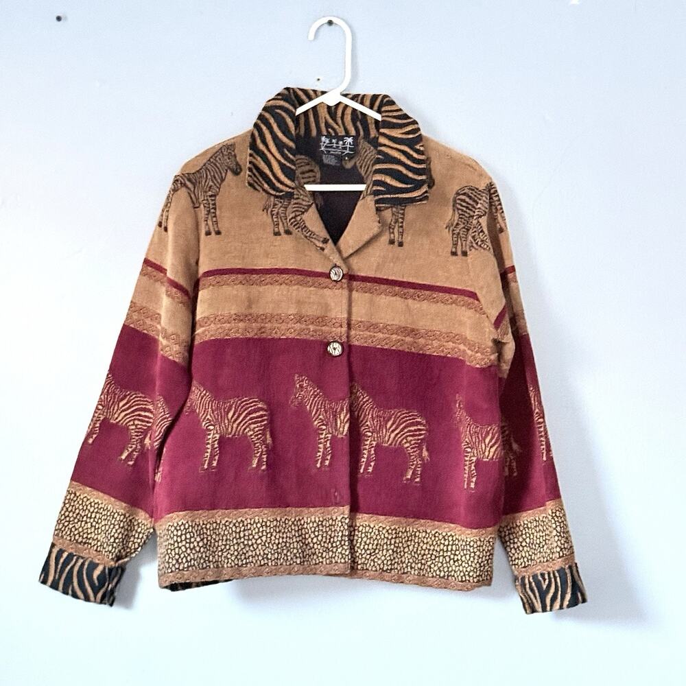 Puffin Island Sportswear Jacket Large Brown Red Zebra Animal Art to Wear Artisan